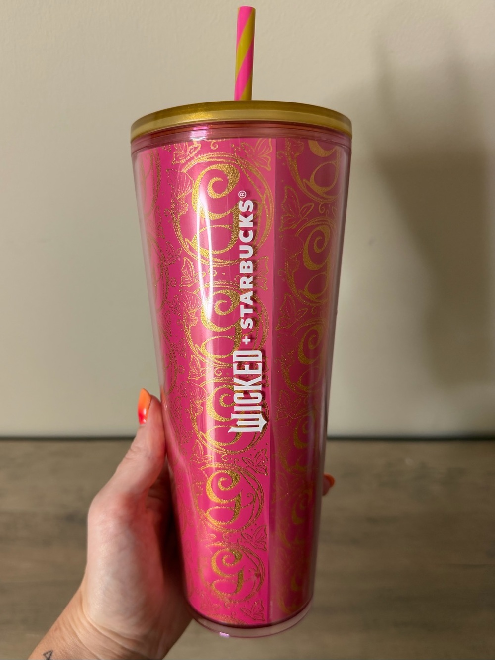 Starbucks Wicked Glinda Tumbler 24oz Pink Gold Cold Cup 2024 Movie Merch